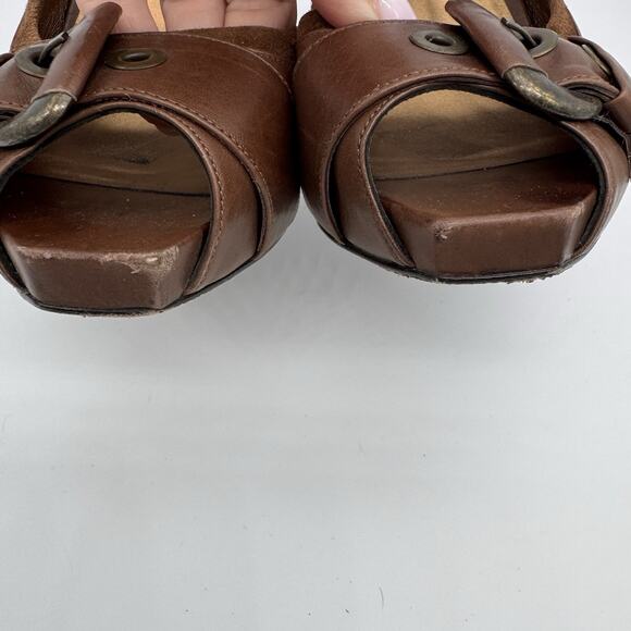 Pura Lopez Womens Leather Buckle Heel Shoes Size US 9 Brown Open Toe Y2K Office - Picture 10 of 11